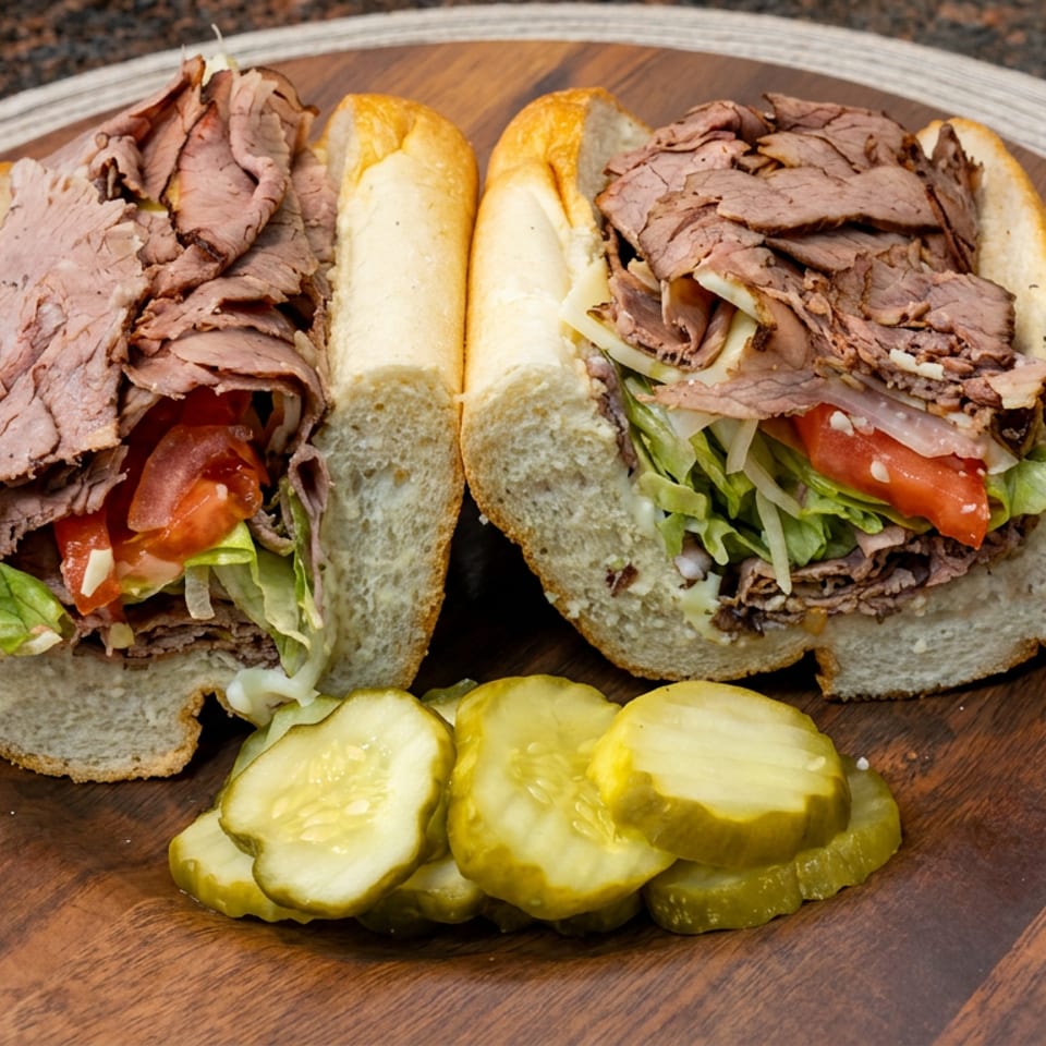 Two roast beef sandwiches with lettuce, tomatoes, onions, and pickles on a wooden serving board.