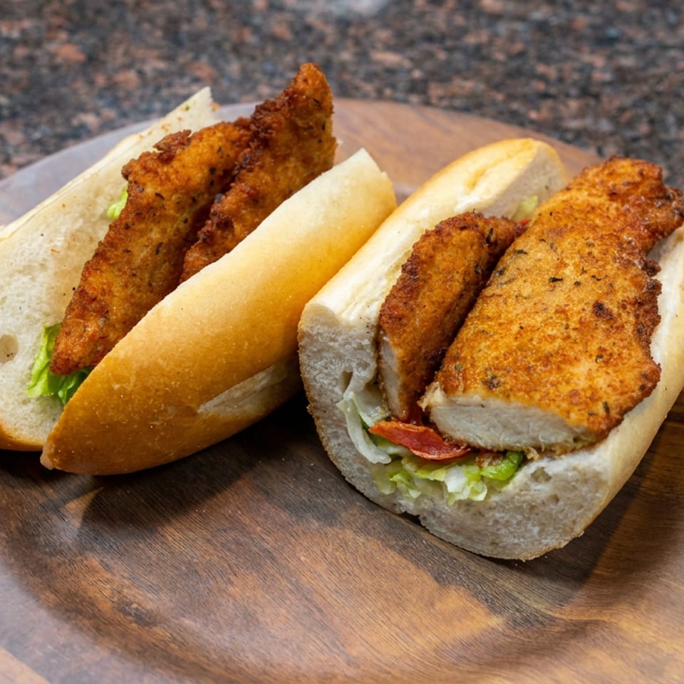 Two crispy breaded chicken sandwiches with lettuce and tomato on a wooden serving board.