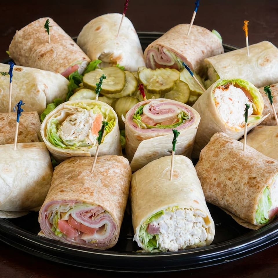 Platter of assorted sliced tortilla wraps filled with meats, vegetables, cheeses, and pickles, secured with decorative toothpicks.
