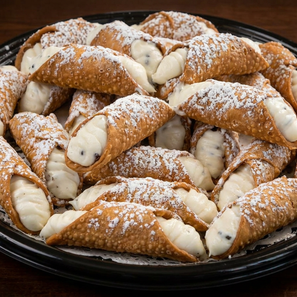 Plate of cannoli filled with creamy ricotta, dusted with powdered sugar, on a dark wooden table.