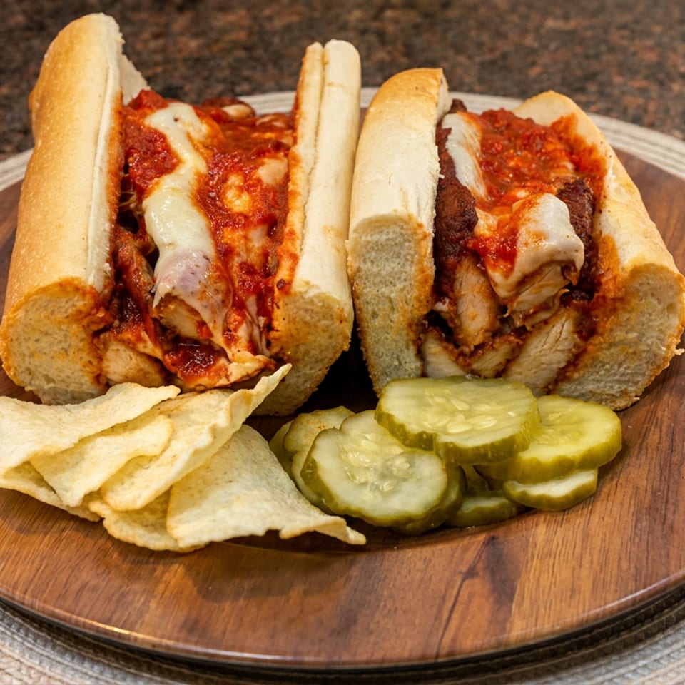 Two meatball subs with melted cheese and marinara sauce, served with potato chips and pickle slices on a wooden plate.