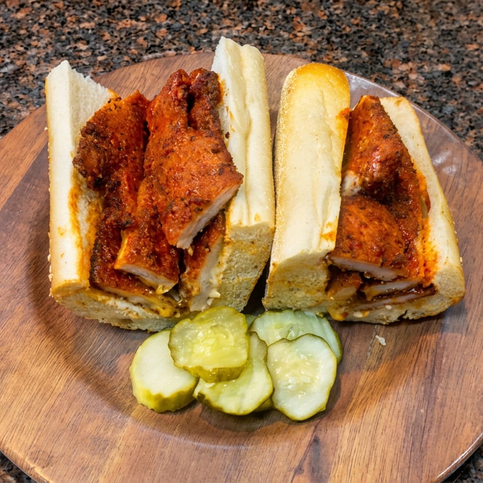 Two toasted chicken sandwiches with seasoned filling and pickle slices on a wooden plate.